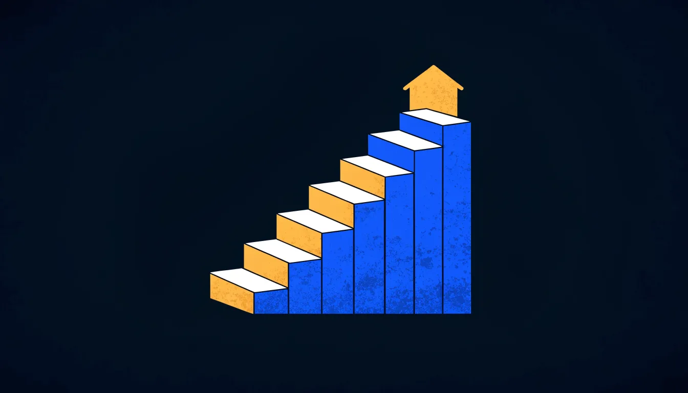 A staircase of blue and gold steps leading up to a house