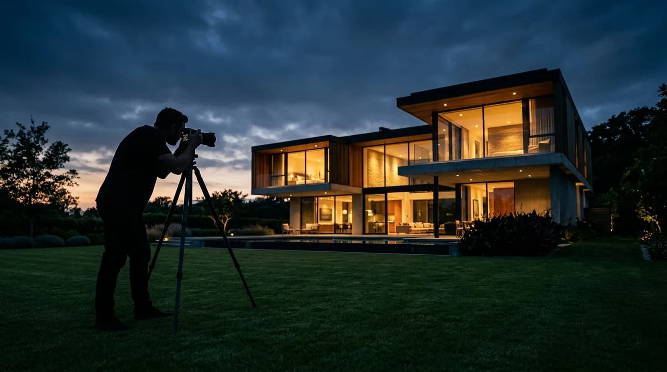 A photographer on a tripod outside a lit home at twilight