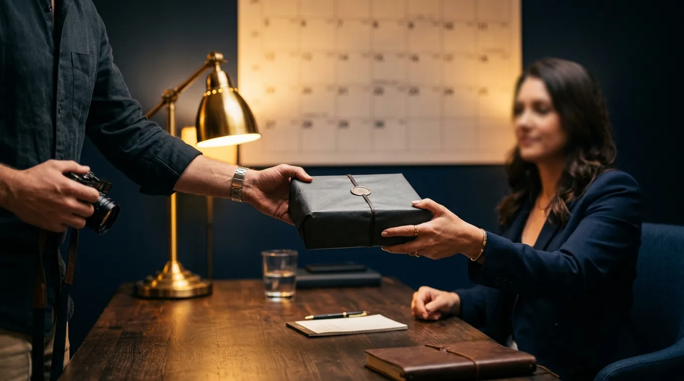 Two people exchanging a small box across a desk