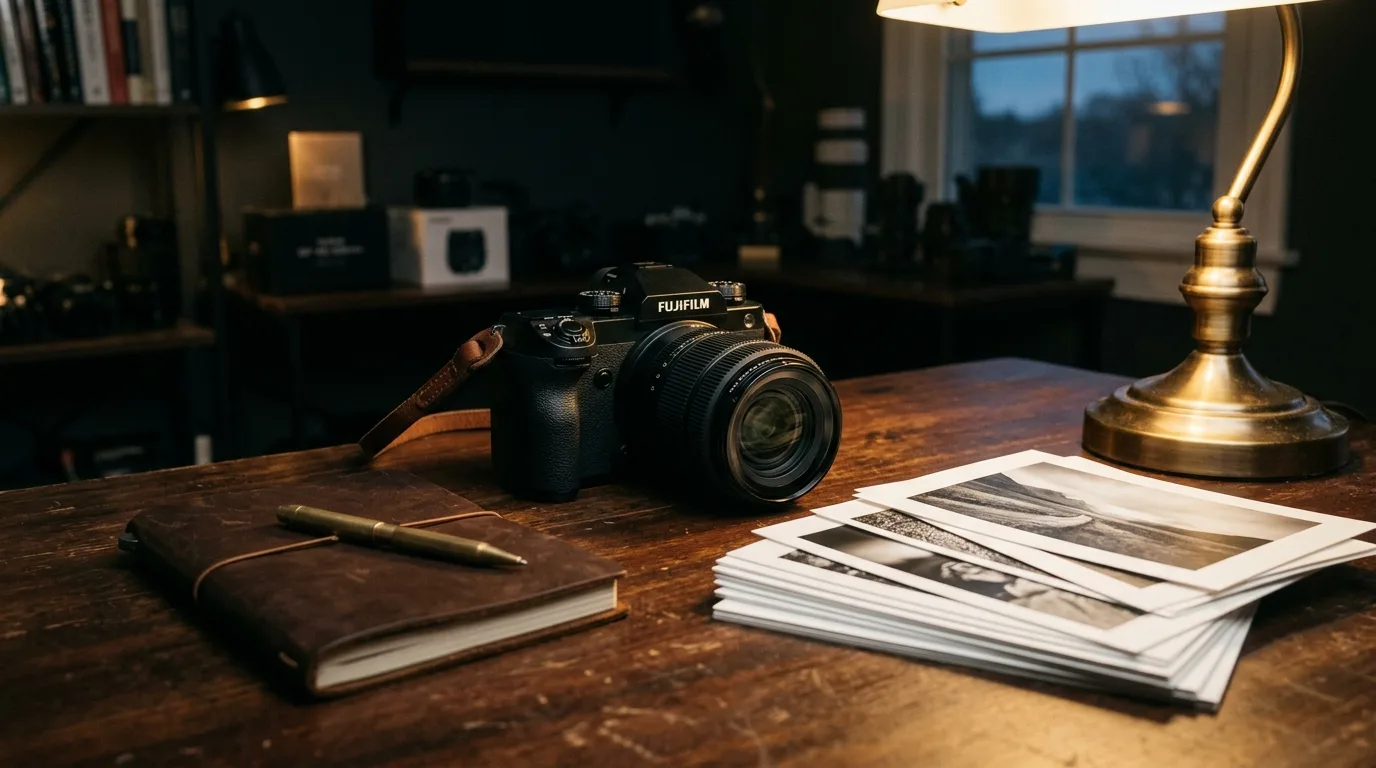 A camera and a stack of prints on a desk under lamplight