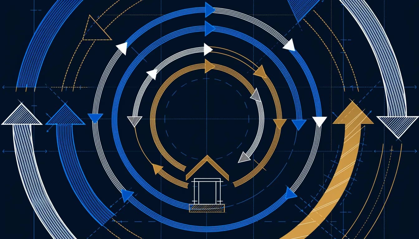 A blueprint diagram of arrows cycling around a house