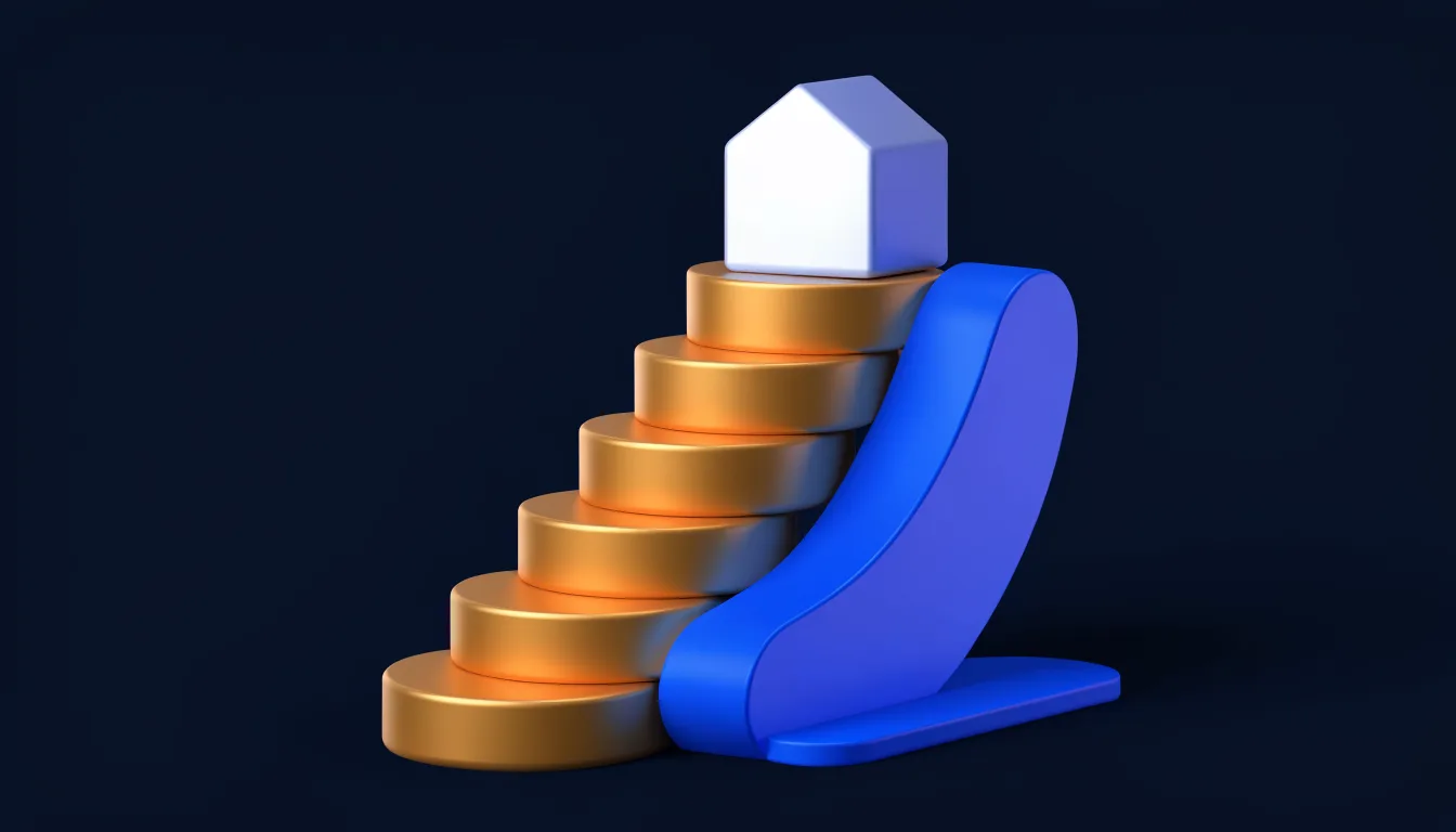 Gold steps rising to a small white house