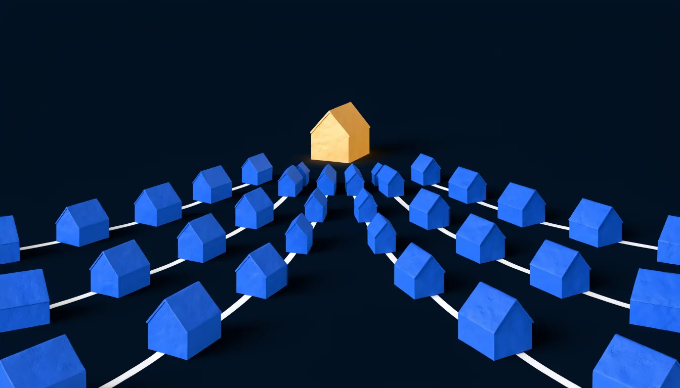 Rows of blue houses funnelling toward a single gold one