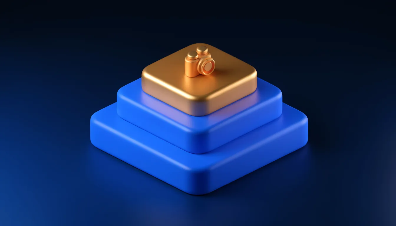 A small gold block resting on stacked blue tiers
