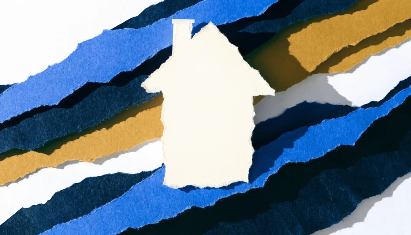 A white paper house set into torn strips of blue and gold