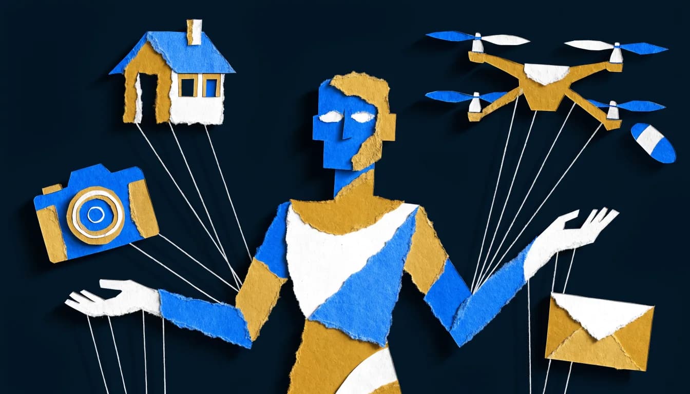A cut-paper figure holding an agency's camera, drone, and house on strings