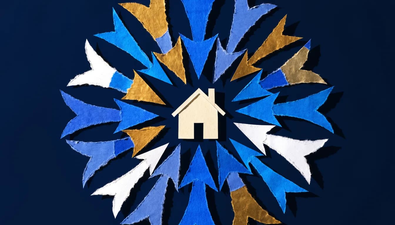 A cut-paper burst of blue and gold around a white house