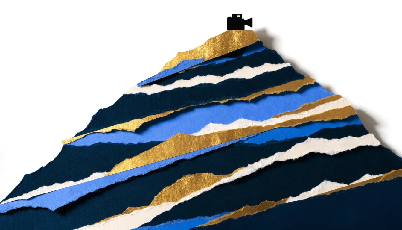 A cut-paper mountain of blue and gold layers with a camera at the peak