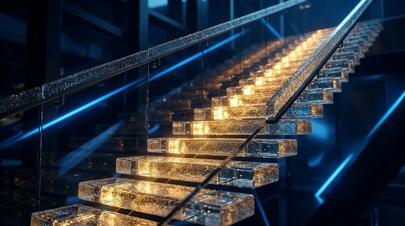A staircase of lit glass steps rising on navy