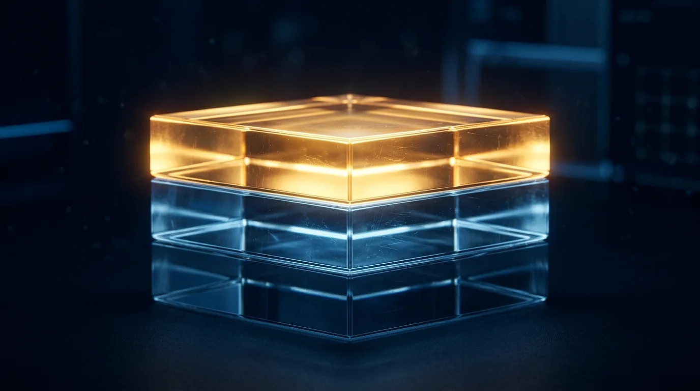 A glass block lit from within, on a dark surface