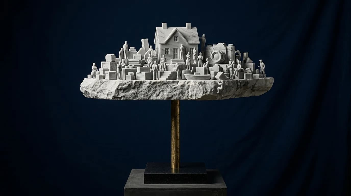 A marble town carved on top of a single column