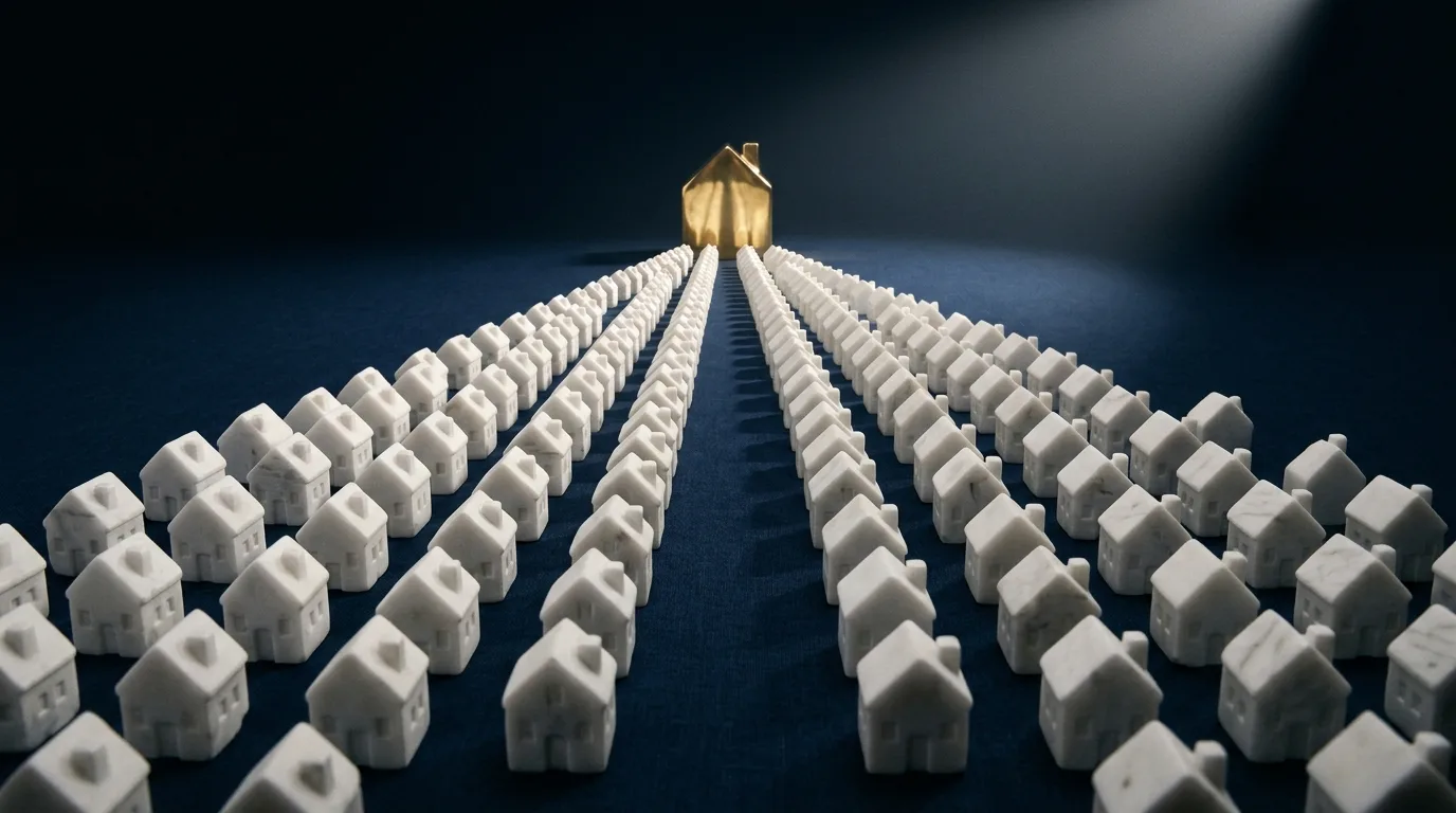 A grid of white marble houses with a single gold one at the head