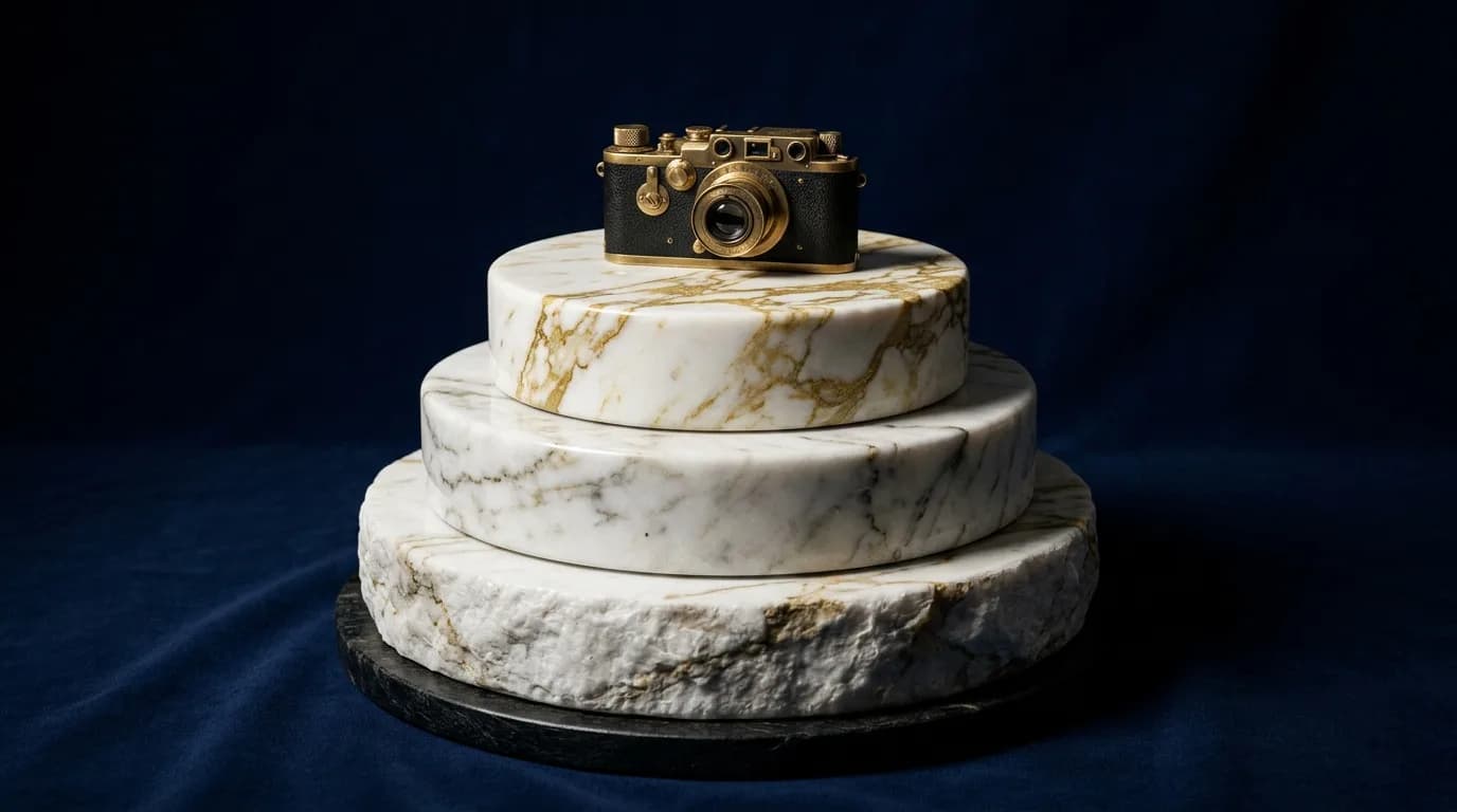 A tiered marble cake topped with a brass camera