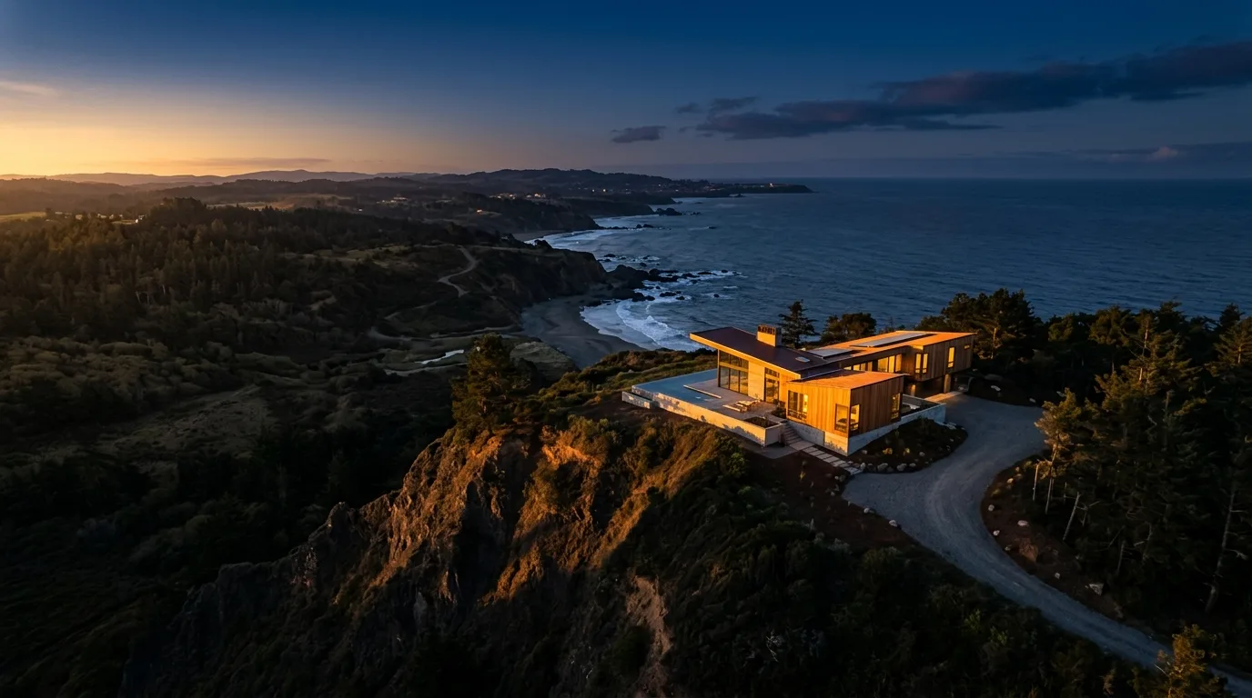 A coastal modern home on a cliff at golden hour, seen from the air